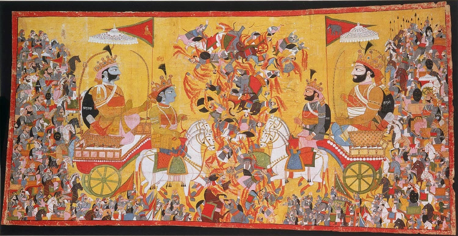 Arjuna e seu cocheiro Krishna enfrentam Karna, pintura do noroeste da Índia, c. 1820 · Artist/maker unknown, India, Himachal Pradesh or Jammu and Kashmir · circa 1820