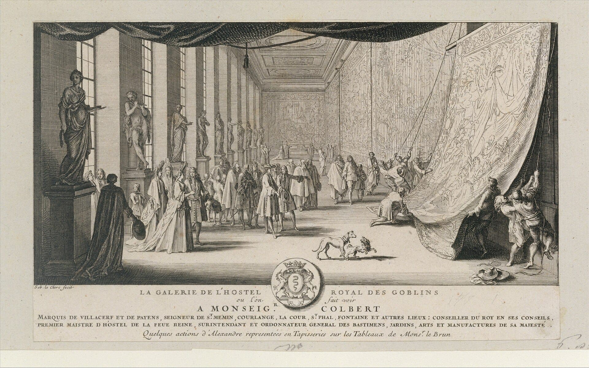 A galeria da manufatura real dos Gobelins, gravura de Sébastien Leclerc dedicada a Colbert · Sébastien Leclerc · circa 1665