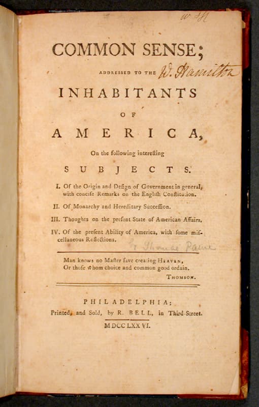 Folha de rosto de Common Sense, de Thomas Paine, Filadélfia, 1776 · Scanned by uploader, originally by Thomas Paine. · Original work was during the year 1776.