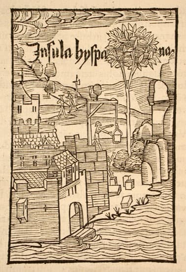 A construção do forte de Navidad, na Hispaniola, em xilogravura da edição de Basileia da carta de Colombo · Unknown author Unknown author · 1493/94