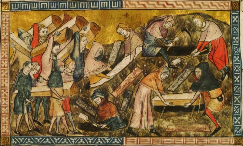 Moradores de Tournai enterram mortos da peste, miniatura de c. 1353 · Pierart dou Tielt (fl. 1340-1360) · circa 1353