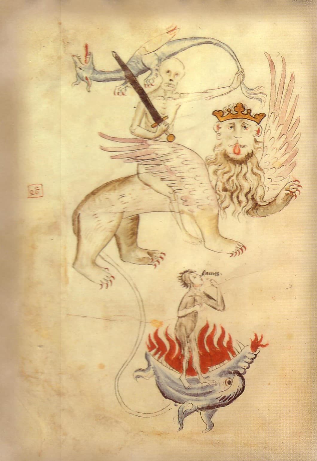 A Morte montada num leão e a Fome levando a mão à boca, Erfurt, c. 1315-1317 · Scanned (by me) from the cover of The Great Famine (1996) by William Chester Jordan. Original cover art from a photograph courtesy of Stiftun