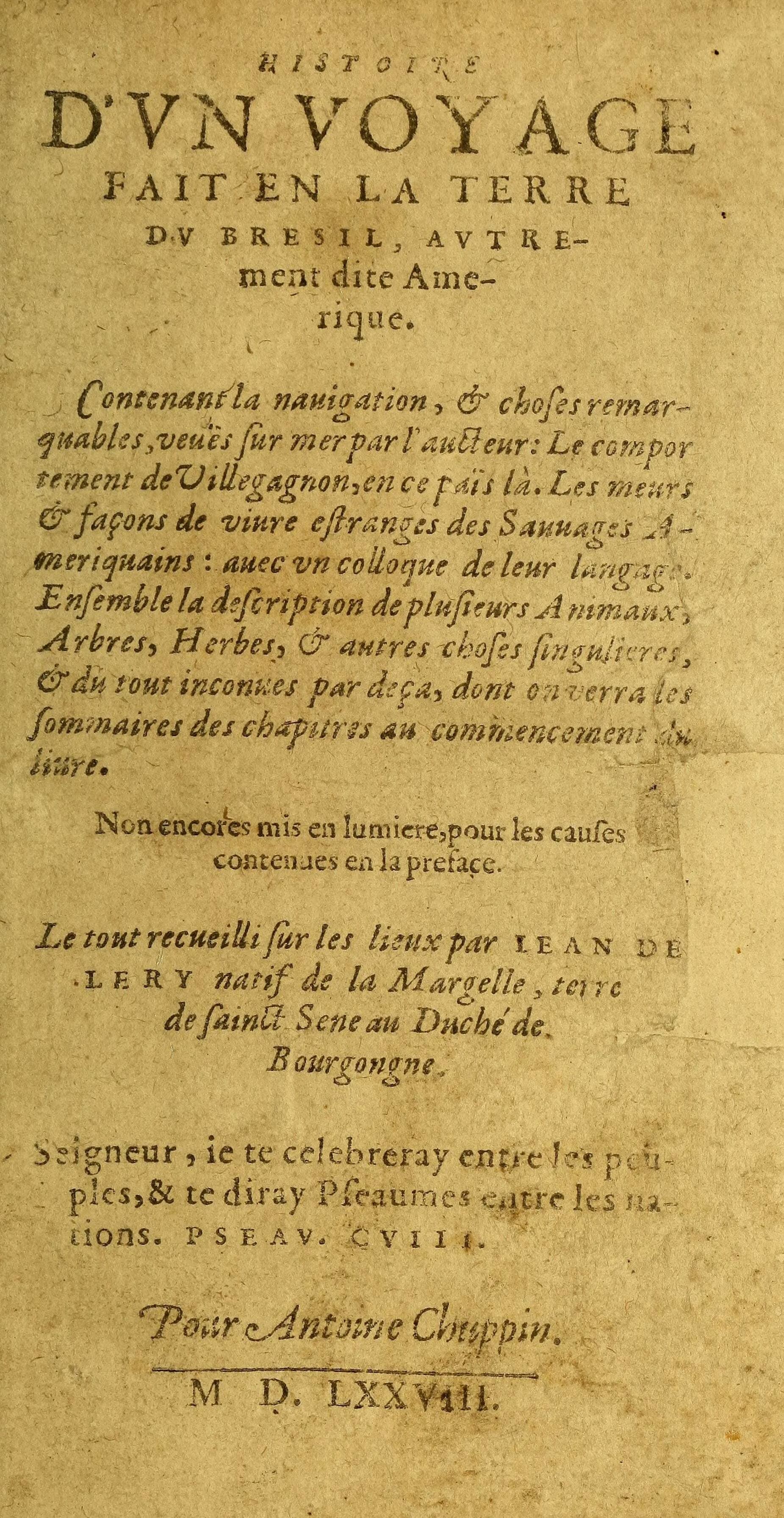 Frontispício da Histoire d'un voyage, de Jean de Léry, 1578 · Jean de Léry · 1578