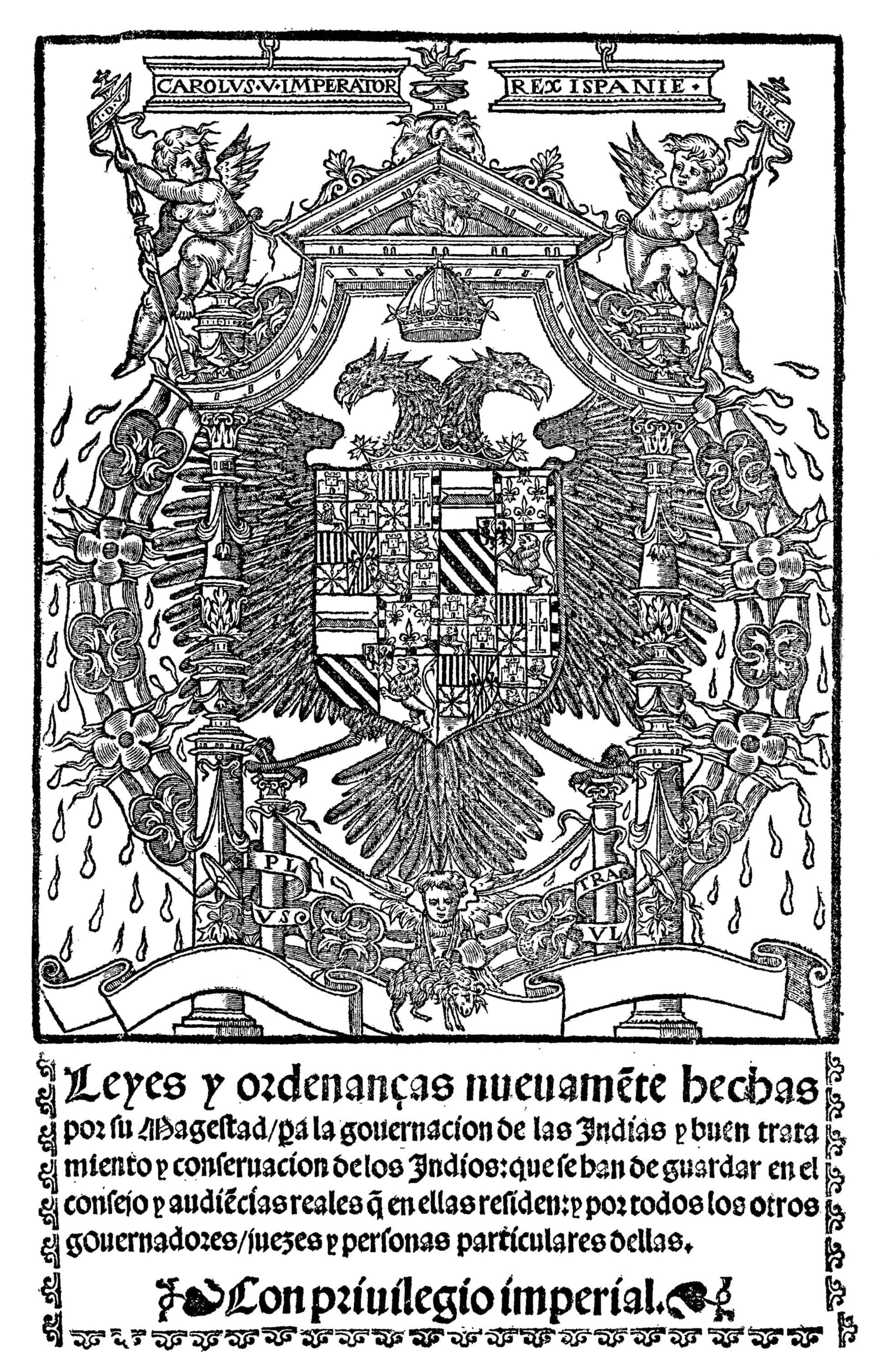 Folha de rosto das Leis Novas das Índias, impressas em 1543 · Juan de Brocar (impresor), Jean de Vingles (grabador) · 1543