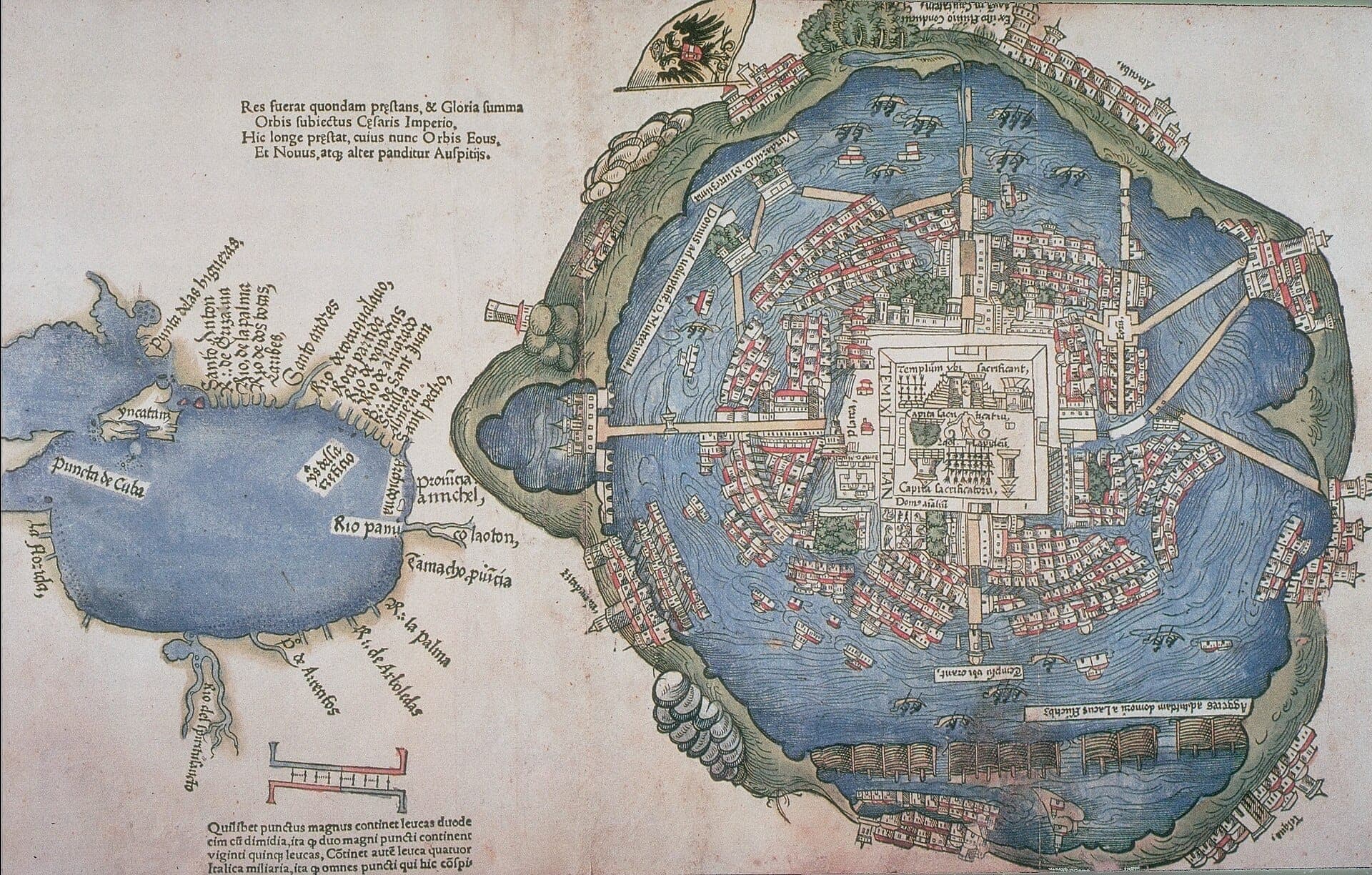 Tenochtitlan na gravura de Nuremberg, 1524 · Friedrich Peypus (1485–1534), probably after drawing made by one of Cortez' men. · 1524