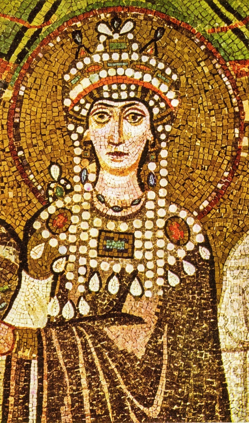 A imperatriz Teodora e seu séquito, mosaico de San Vitale, Ravena · Meister von San Vitale in Ravenna · 547