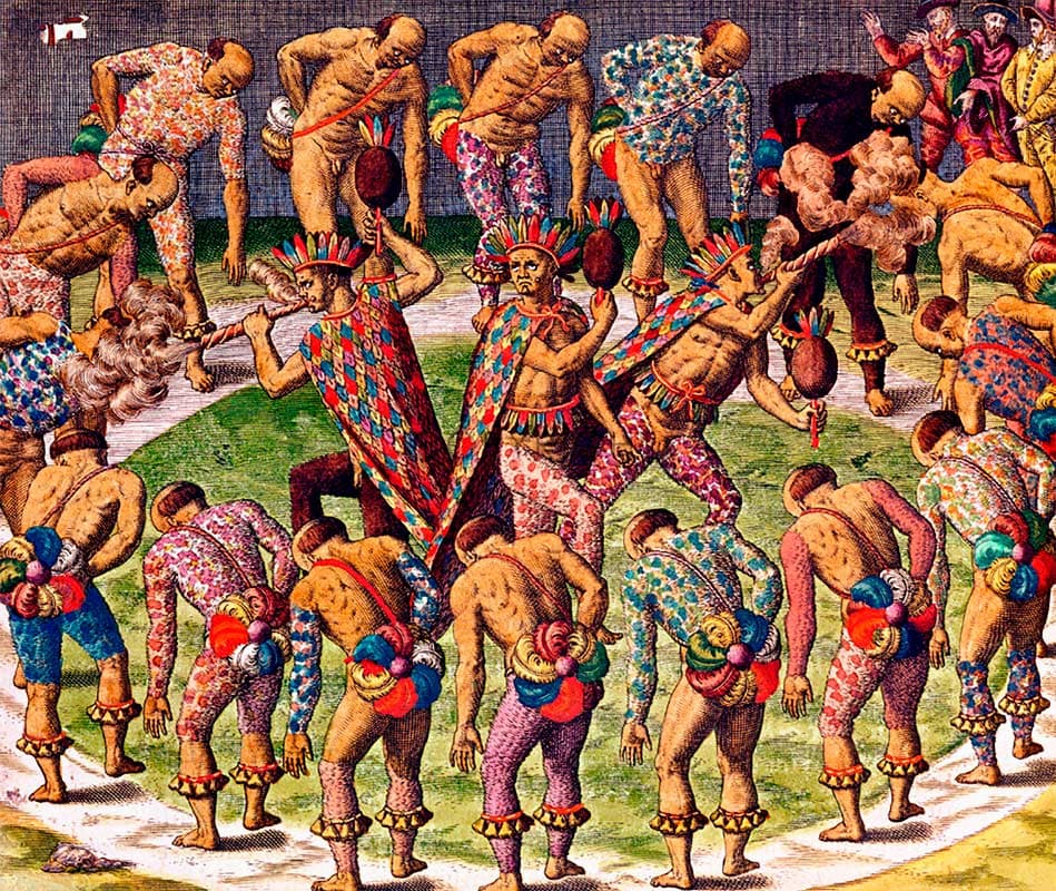 Pajés com o manto tupinambá em ritual · Theodor de Bry · 2022-08-18