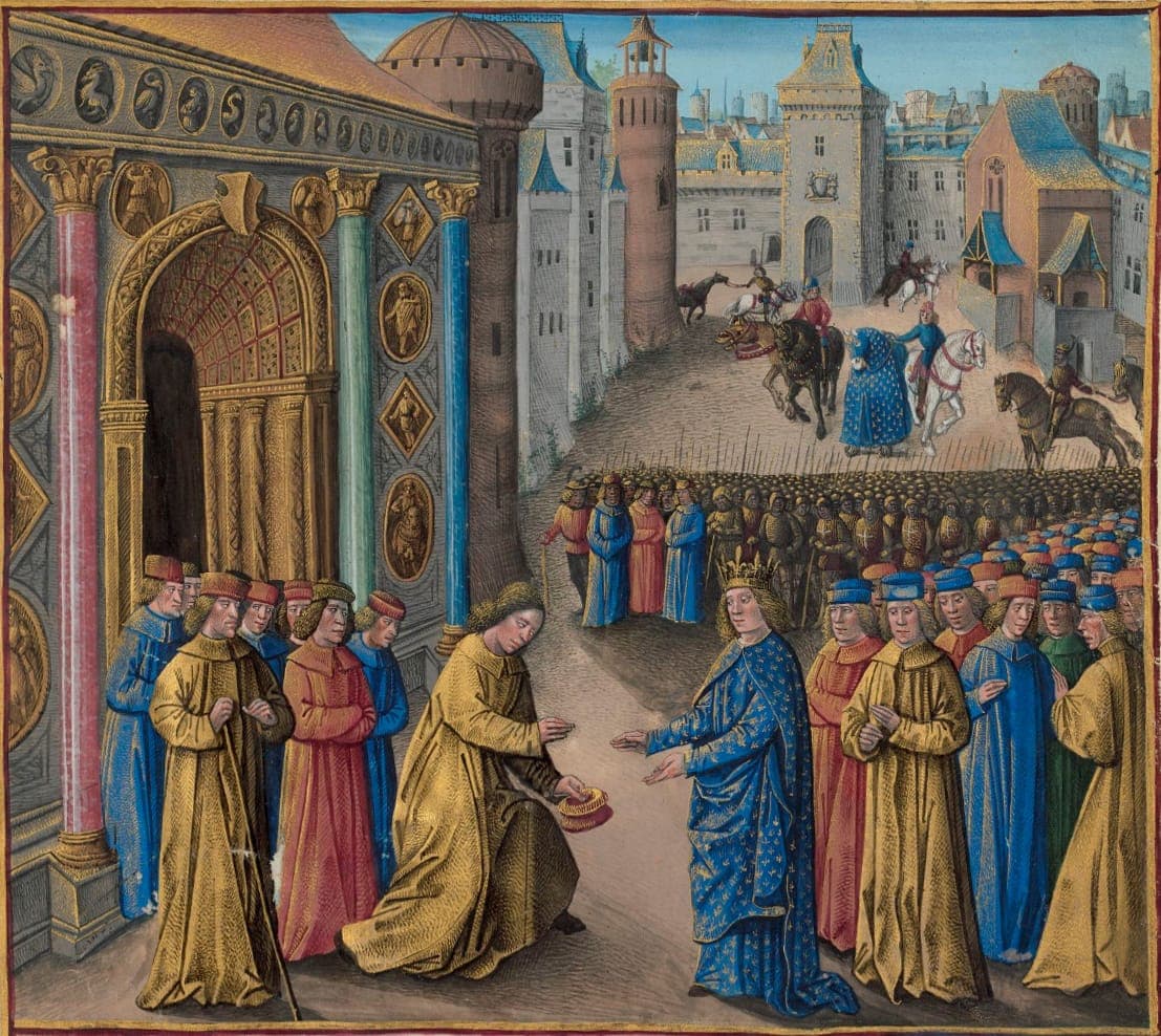 Raimundo de Poitiers recebe Luís VII em Antioquia, iluminura do século 15 · Jean Colombe and Sebastien Marmerot. · 15 th century