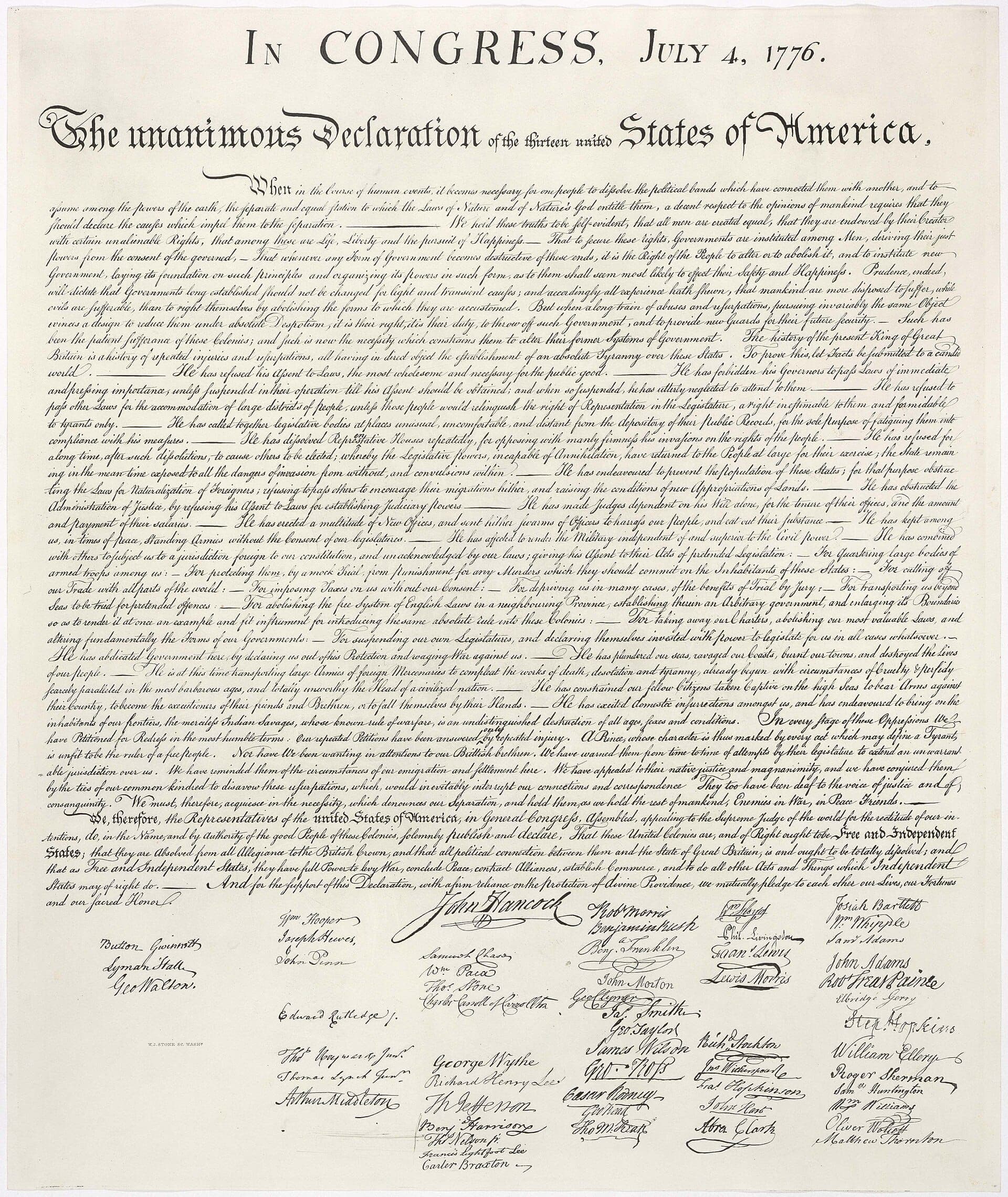 A Declaração de Independência, fac-símile gravado por William Stone em 1823 · original: w:Second Continental Congress ; reproduction: William Stone · 1776-07-04