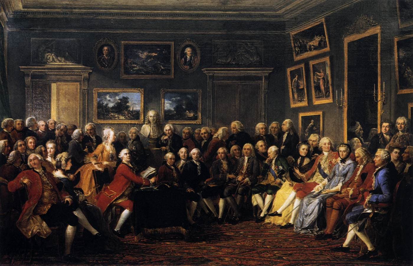 No salão de Madame Geoffrin, cena imaginada por Lemonnier · Anicet Charles Gabriel Lemonnier · 1812