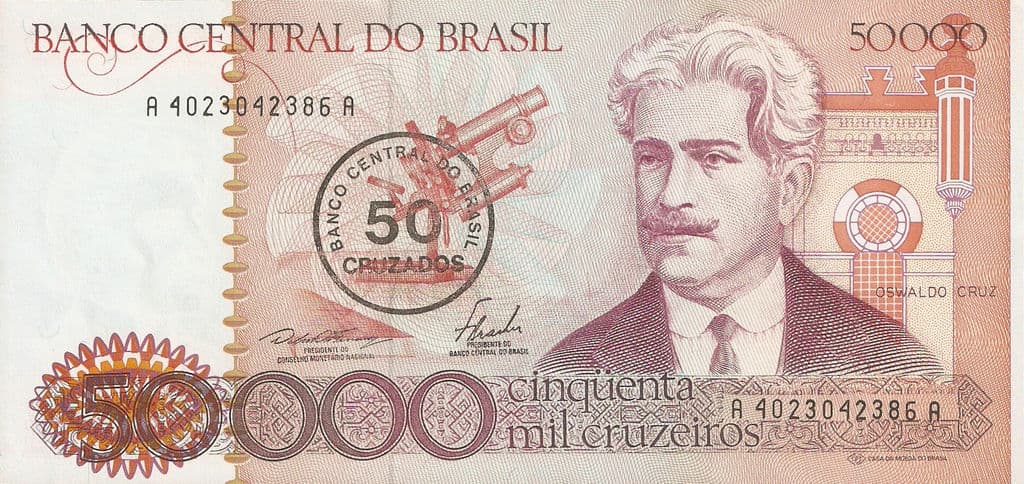 Cédula de 50 mil cruzeiros carimbada como 50 cruzados · Casa da Moeda do Brasil · 1986-02-28