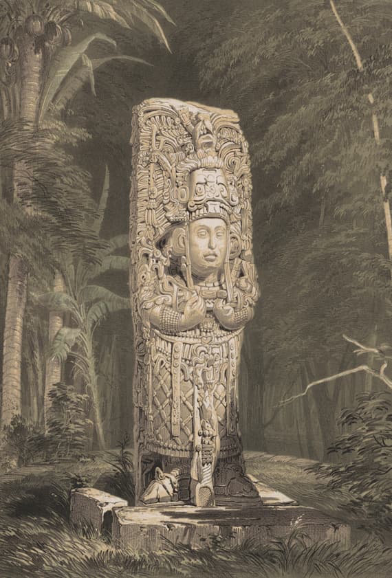 Estela de Copán, desenhada por Frederick Catherwood em 1839 e publicada em litografia em 1844 · Frederick Catherwood, uploaded by -- DuendeThumb 06:15, 1 October 2007 (UTC) · Artwork from 1839; published as lithograph 18