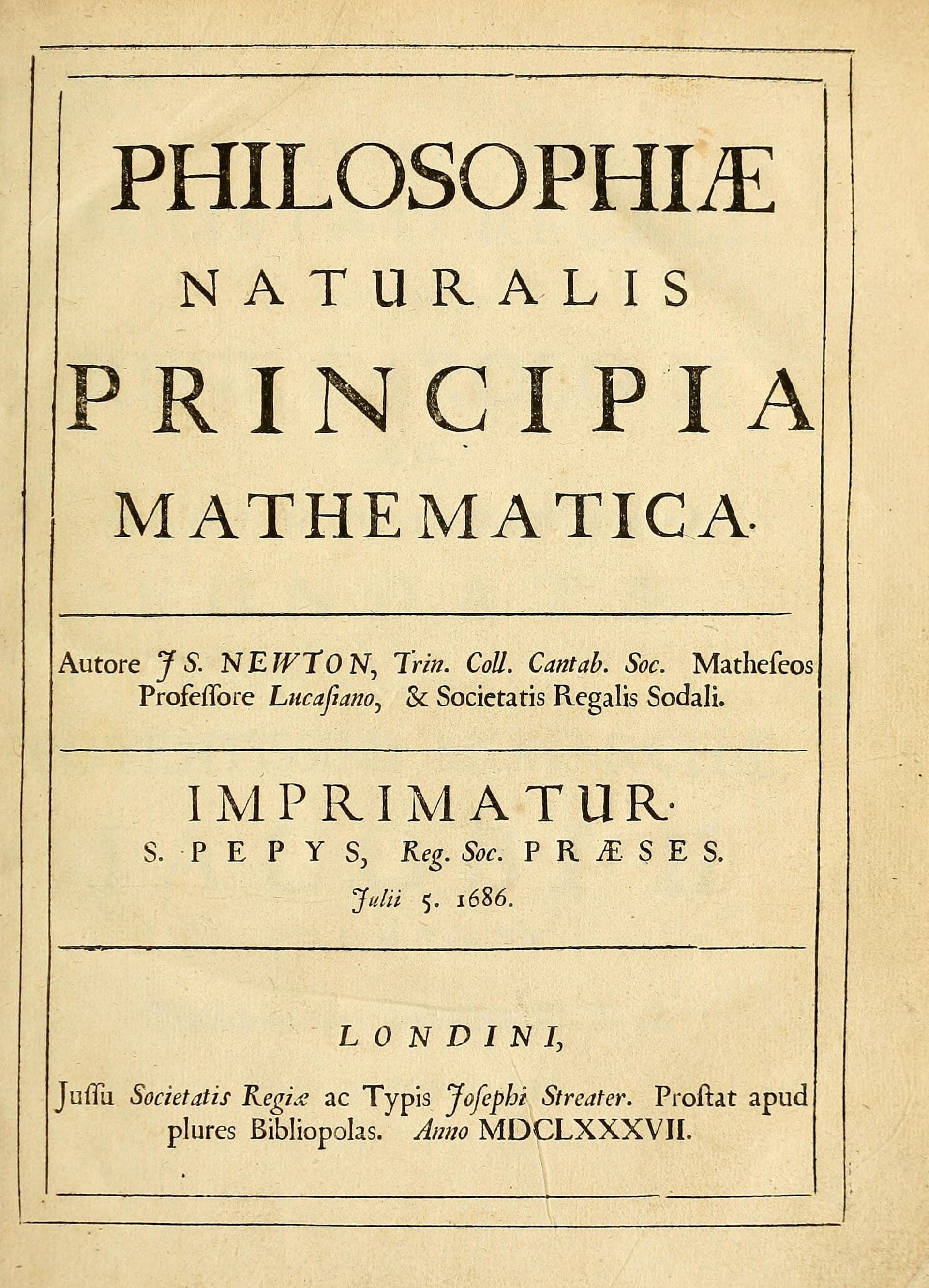 Folha de rosto dos Principia de Isaac Newton, primeira edição, 1687 · The original uploader was Zhaladshar at English Wikisource . · 1687
