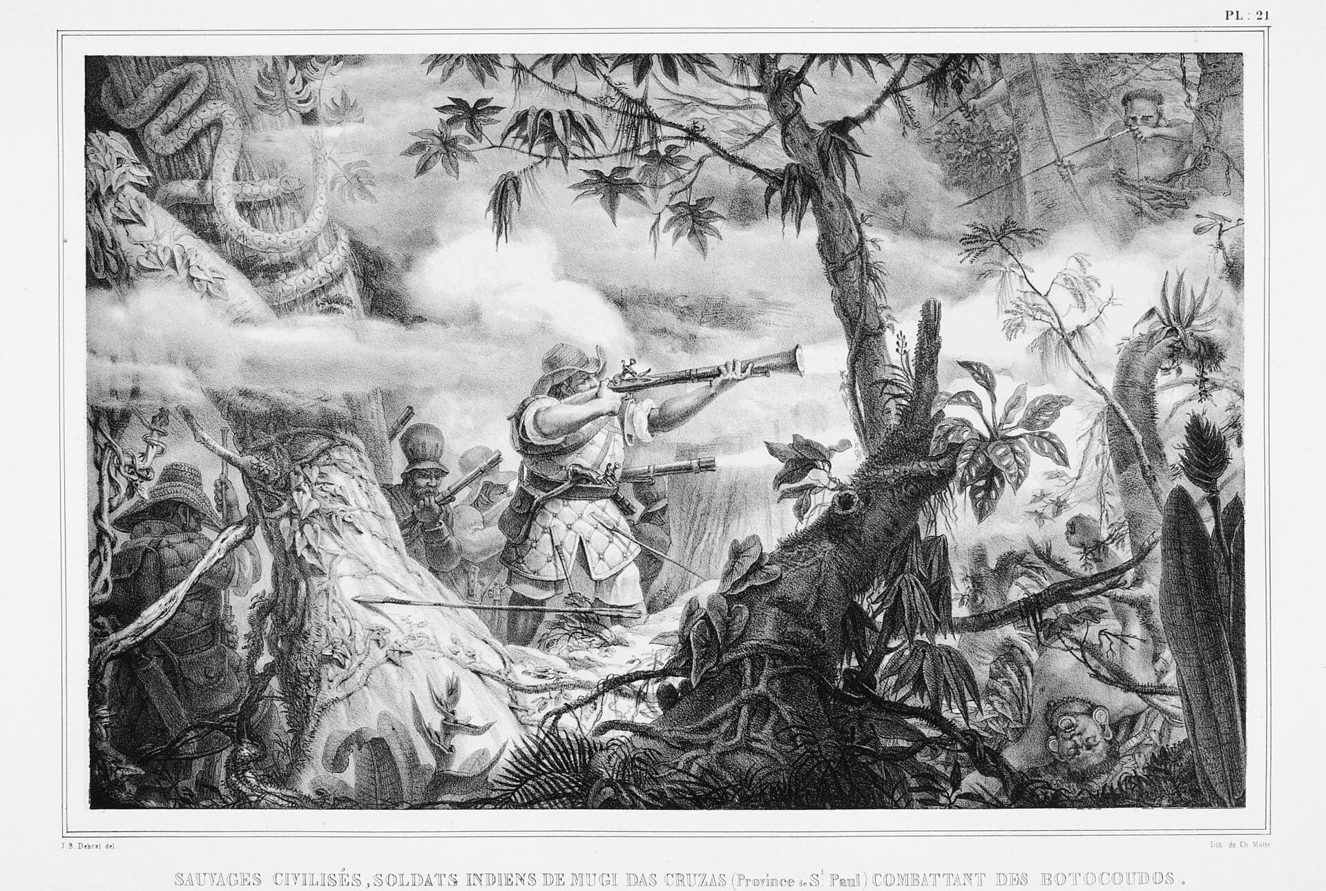 Soldados indígenas combatendo botocudos, por Debret, 1834 · Jean Baptiste Debret · 1834